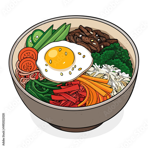 Create a bold, vector illustration of a vibrant bibimbap bowl, emphasizing the colorful ingredients and textures.  Include a thick, visually striking outline.
