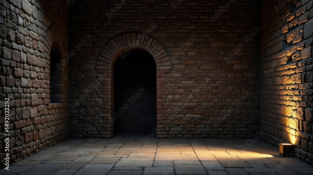 Fototapeta premium A dimly lit stone chamber with arched doorways, illuminated by a single light source casting warm shadows on aged brick walls and a flagstone floor.