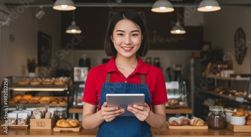 Cheerful woman stands in her store with a tablet in hand, smiling warmly