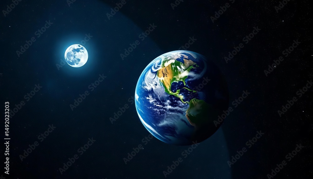 Naklejka premium Earth and moon, celestial dance in star-dusted void, constellation, peaceful