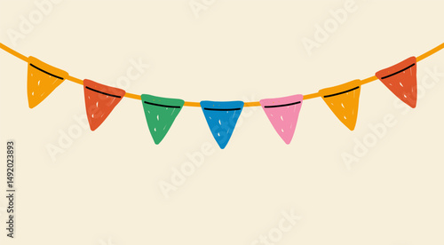 Modern garland of colorful multicolored bright triangle flags drawn with flat brush on a light background; festive background, simple hand drawn illustration, flat style