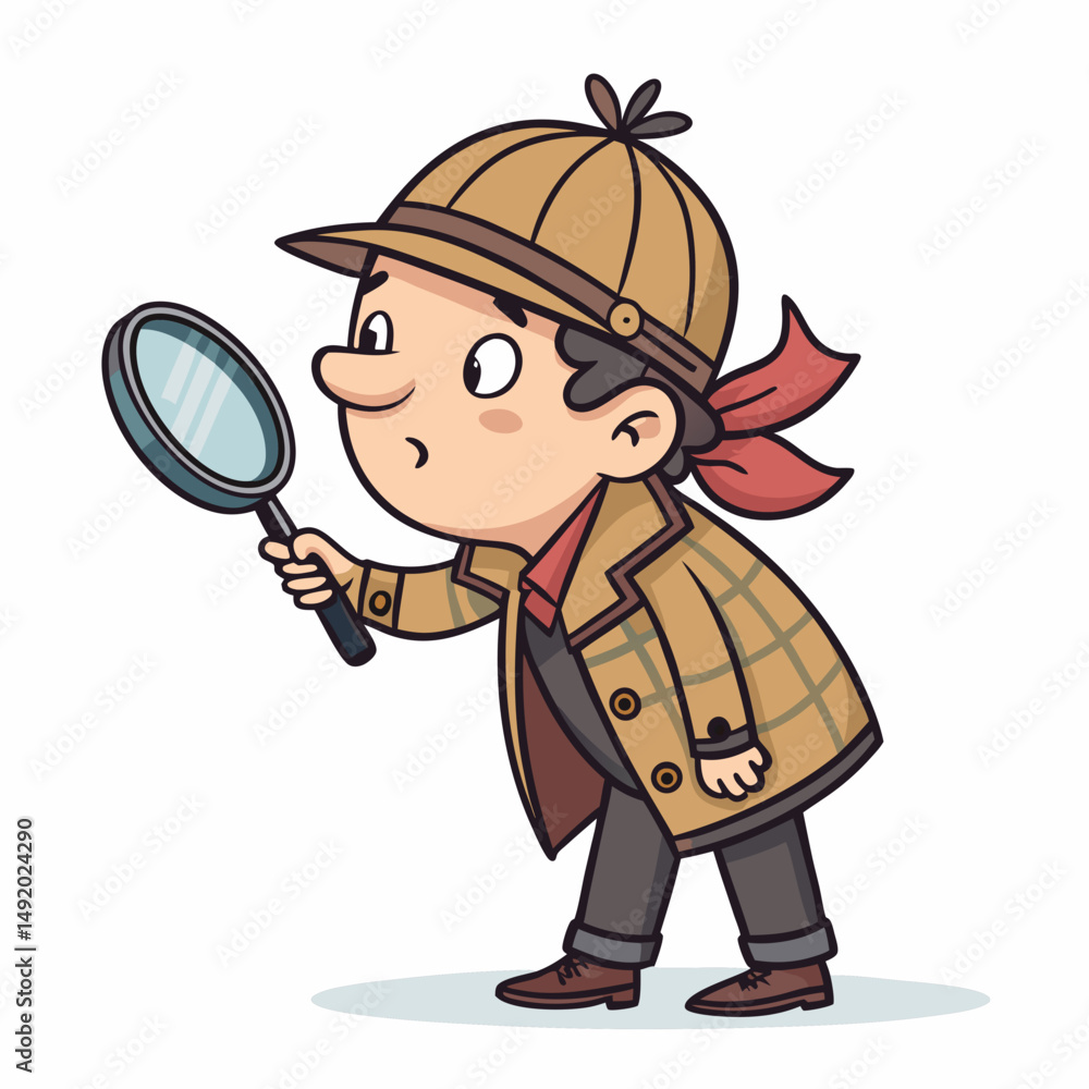 Fototapeta premium Create a bold, vector illustration of a cartoon detective with a magnifying glass, wearing a trench coat and fedora. Must be a strong, clean design.
