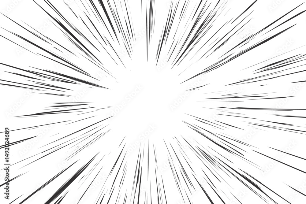 Comic speed lines background with radial burst effect. Cartoon anime action rays motion. Perspective zoom explosion with splashes. Vector abstract graphic