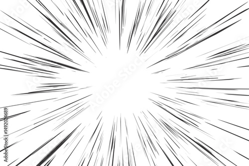 Comic speed lines background with radial burst effect. Cartoon anime action rays motion. Perspective zoom explosion with splashes. Vector abstract graphic