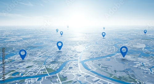 Wallpaper Mural City map view with blue pin location markers and bright sky background Torontodigital.ca