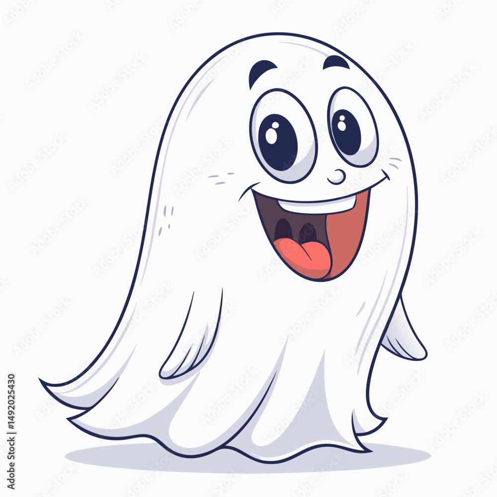 Fototapeta premium Create a vector illustration of a bold-outlined, friendly cartoon ghost with a mischievous grin. Include high contrast and clean lines.