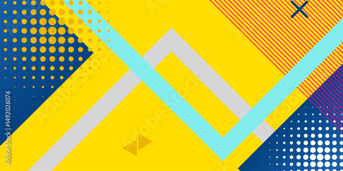 	
Vector abstract background texture design, bright poster, banner yellow background, pink and blue stripes and shapes.