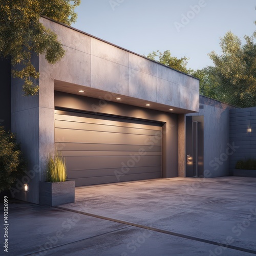 Modern garage with a clean sectional door design, enhancing its contemporary facade.