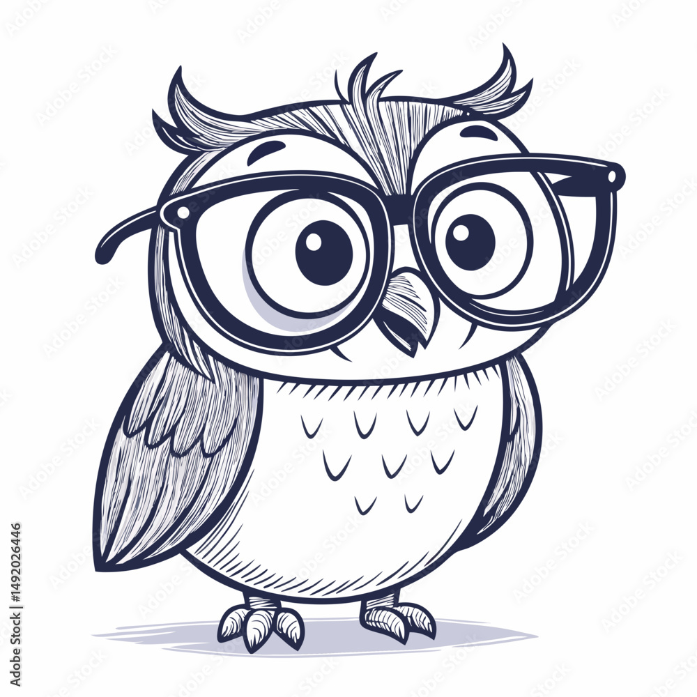 Fototapeta premium Create a vector illustration of a bold-outlined cartoon owl with oversized, expressive eyes. Style should be playful and friendly.