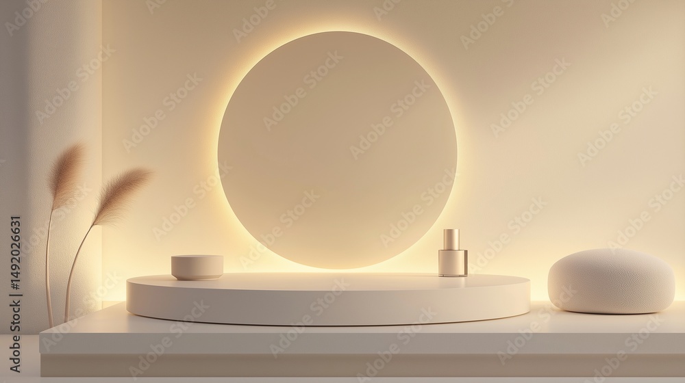 Fototapeta premium A minimalist cosmetic display platform with a floating podium, surrounded by soft ambient lighting and a neutral-toned backdrop, creating a premium aesthetic for product showcasing.