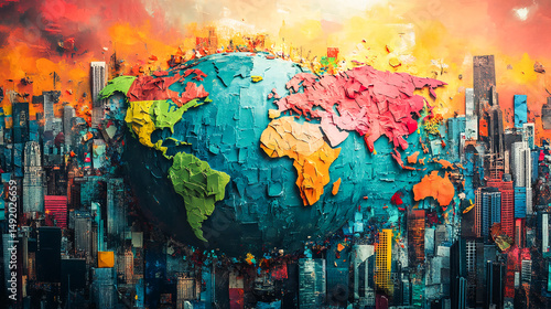 Fototapeta Naklejka Na Ścianę i Meble -  World, globe and collage art made of paper school project, humanity and eco friendly banner. Colourful, vibrant pop and creative graphic design poster for background, wallpaper and backdrop mockup