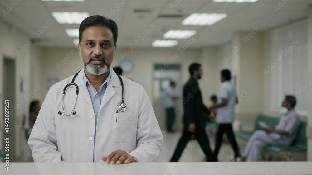 Confident Middle-Aged South Asian Male Doctor in White Coat with Stethoscope in a Modern Hospital Setting, Ready to Engage with Patients Confident Middle-Aged South Asian Male Doctor in White Coat with Stethoscope in a Modern Hospital Setting, Ready to Engage with Patients