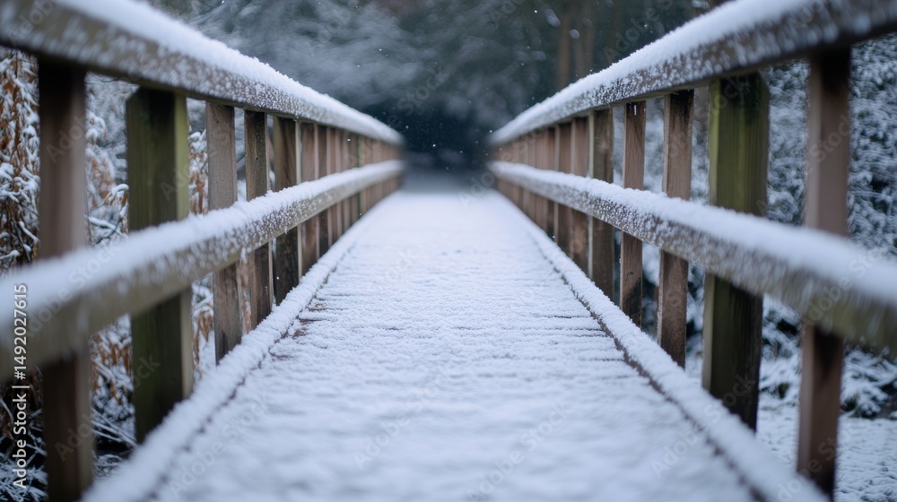 Fototapeta premium A serene snowy wooden bridge leads into a tranquil winter landscape. Nature stands still with a quiet beauty. Explore the peaceful path ahead. Generative AI