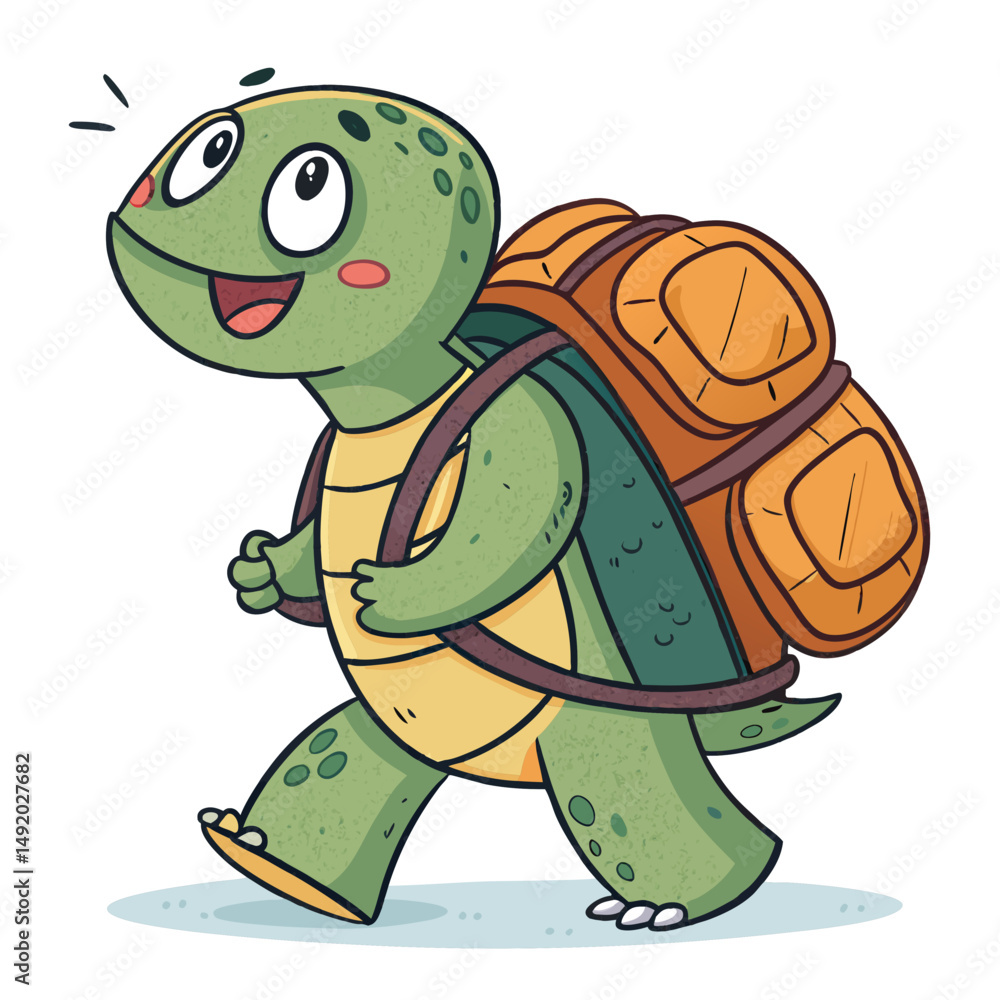 Fototapeta premium Create a vector illustration of a bold-stroked, cartoon turtle with a friendly expression, detailed shell, and expressive eyes.