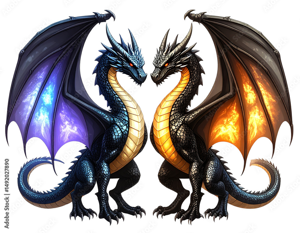Obraz premium Two Stylized Winged Dragons Facing Each Other, Isolated on Transparent Background PNG