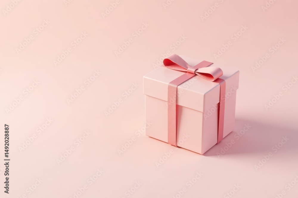 Fototapeta premium A Delicate Pink Gift Box with a Pretty Ribbon Bow on a Soft Pink Background