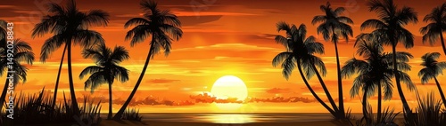 A serene sunset casting golden hues on palm trees.
