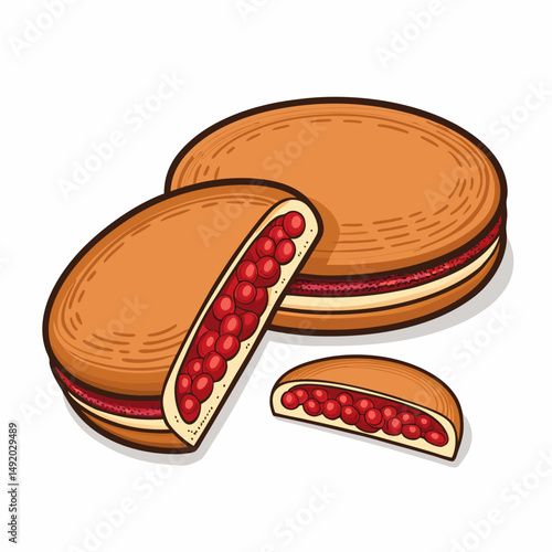 Create a bold, vector illustration of a delicious dorayaki filled with red bean paste.  Focus on clean lines and a striking visual.