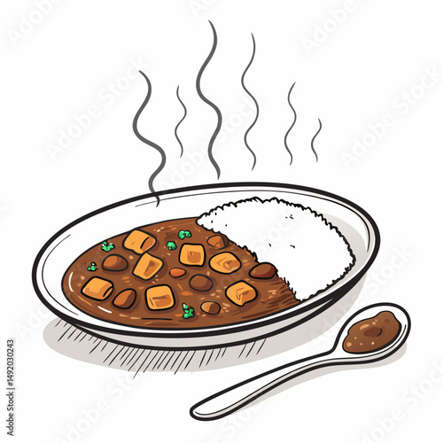 Create a bold, vector illustration of a steaming bowl of Japanese curry rice.  Emphasize rich, deep colors and thick outlines.