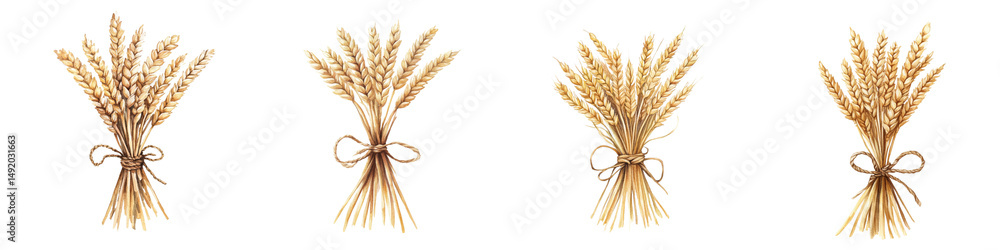 Fototapeta premium Bundles of wheat stalks tied with string arranged in a row.