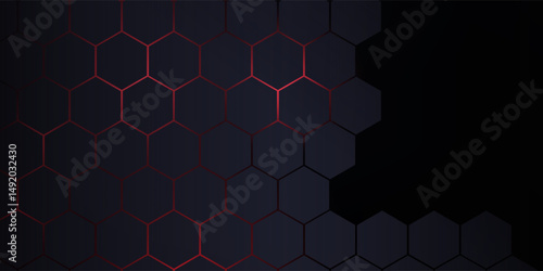Dark gray and red horizontal hexagonal technology abstract vector background. red bright energy flashes under hexagon in futuristic modern technology wide banner. Dark gray honeycomb texture grid.