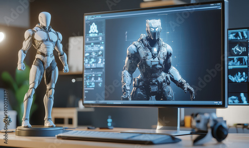 Digital Art Creation: The image showcases the process of creating digital art. It features a digital representation of a figure, alongside a physical model, implying a creative workflow.