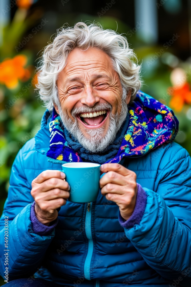 A man in a blue jacket holding a blue cup of coffee A man in a blue jacket holding a blue cup of coffee