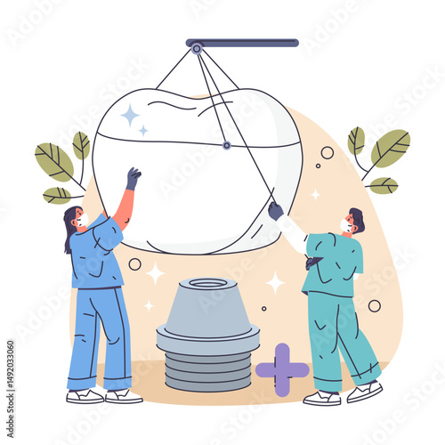 Vector cartoon dentists do dental implant procedure. People character make tooth restoration using metal root. Oral or mouth surgery symbol. Dentistry clinic. Dentalcare, teeth treatment. Tooth repair