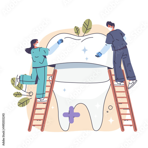 People character doing dental crown procedure. Vector tooth restoration and enamel protection, oral health care. Teeth restoration and treatment, oral crowning. Dentist clinic, doctor. Mouth checkup.