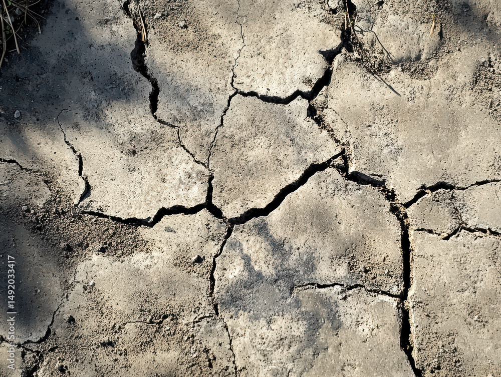 Fototapeta premium Cracked Earth Texture: This image showcases the stark reality of arid land, with intricate, deep cracks etched into the parched surface.