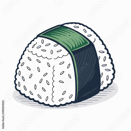 Create a bold, vector illustration of a perfectly formed onigiri rice ball.  Include crisp lines and strong contrasting colors.