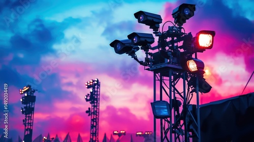 A mobile security tower equipped with cameras and floodlights, monitoring an outdoor event venue.