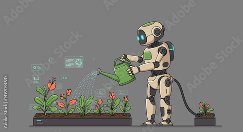 Futuristic Robot Gardener Watering Plants in a Modern Greenhouse - Tech Nature Vector Art