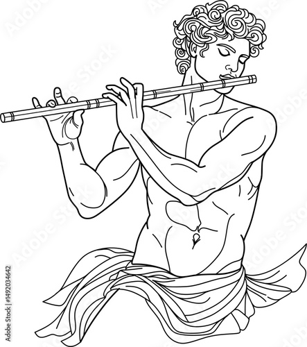 Young curly guy playing flute, vector line drawing