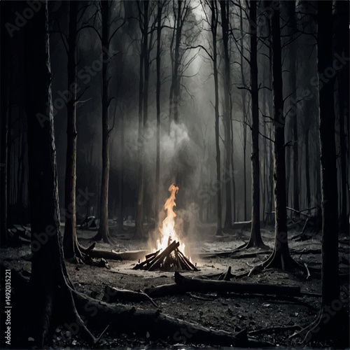 A bonfire crackles merrily in the heart of a dark, misty forest, casting a warm glow against the stark silhouettes of the trees.