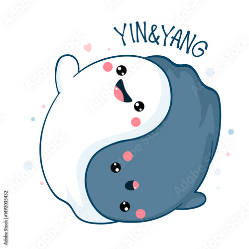 Halloween greeting card with yin yang spirits. Two cute black and white ghosts in the shape of yin yang. Can be used for t-shirt print, stickers, greeting card design. Vector illustration EPS8