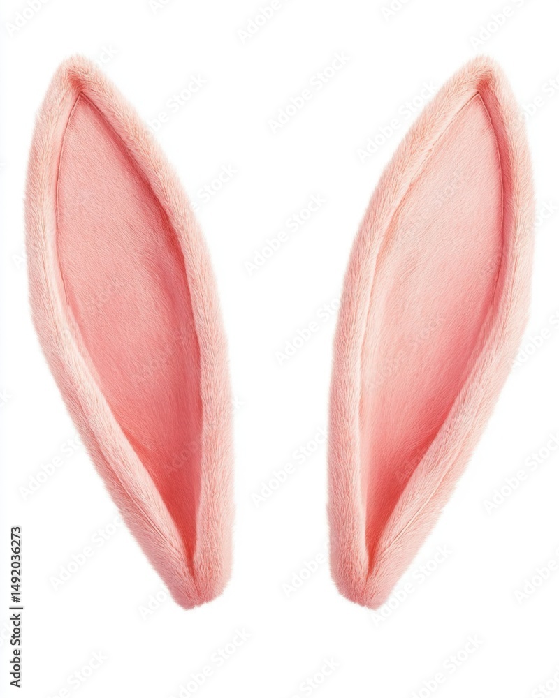 Fototapeta premium Isolated close up of pink plush bunny ears on white background for Easter holiday costume accessory or decoration studio shot