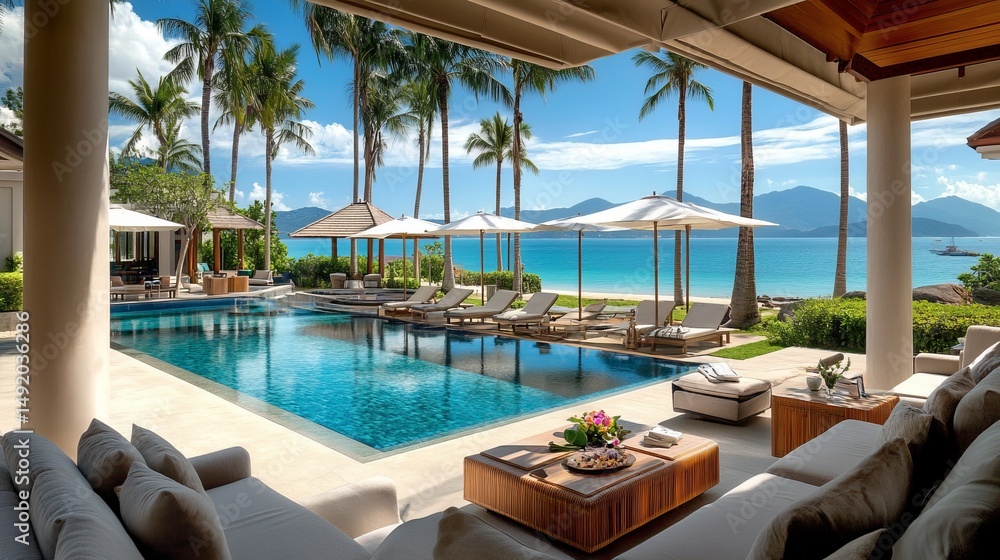 Fototapeta premium Luxurious beachfront villa with a pool and stunning ocean views