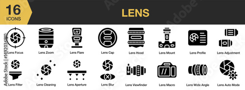 Lens solid icon set. Includes sunlight, star, ray, photo, overlay, and More. Solid icons vector collection.