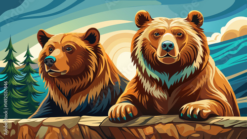 portrait Two grizzly bears sitting on a ledge looking left Very beautiful 