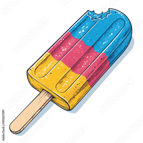 Create a bold vector illustration of a bitten popsicle with a thick, contrasting outline.  Focus on clean lines and vibrant color.