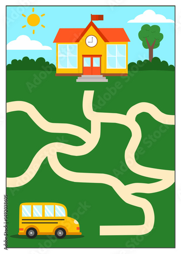Educational maze game illustration with a school bus trying to reach the school building on a sunny day. Fun and colorful learning activity for kids.
