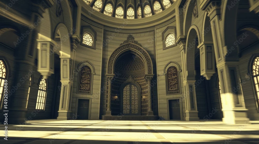 Fototapeta premium Grand hall interior with arched doorways and ornate detailing exhibits light and architectural form.