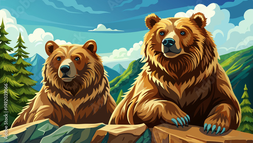 portrait Two grizzly bears sitting on a ledge looking left Very beautiful 