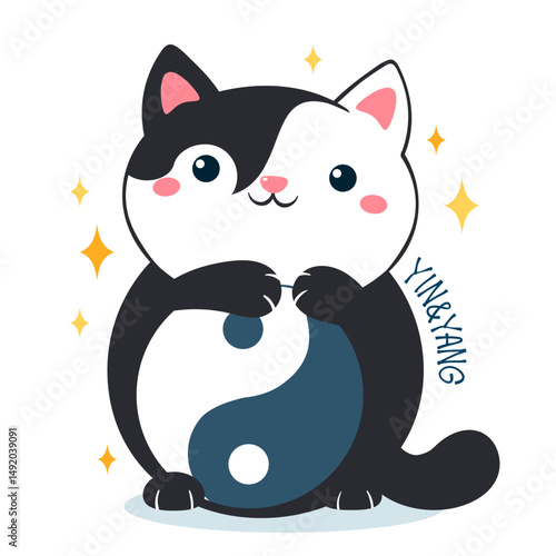 Cat with Yin yang symbol. Cute black and white kitty and yin yang sign. Can be used for t-shirt print, stickers, greeting card design. Vector illustration EPS8