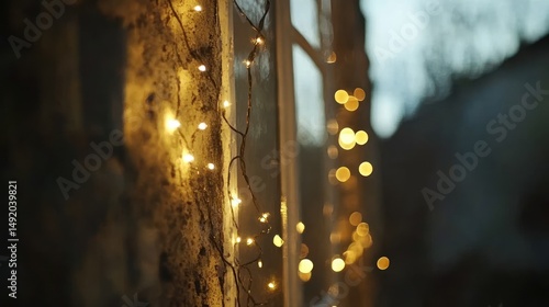 Warm fairy lights strung along a rustic stone wall next to a window at dusk.