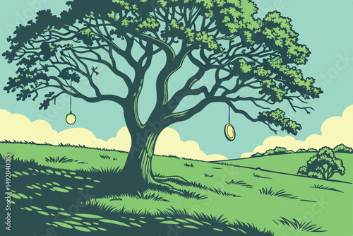 35 money tree, lush green field, bright blue sky, wispy clouds, light shining through branches, surreal, photorealistic, highly detailed