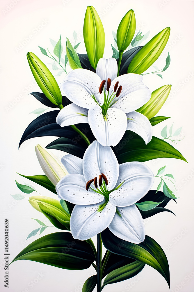 Obraz premium A bouquet of white lilies with green leaves on a white background
