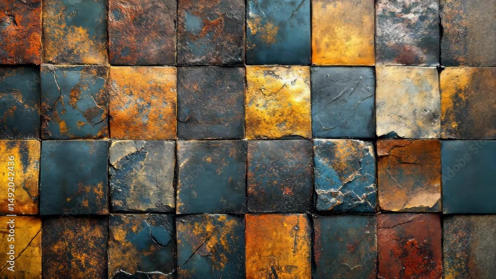 A grid of textured, earthy-toned square tiles in various shades of brown, blue, and gold A grid of textured, earthy-toned square tiles in various shades of brown, blue, and gold