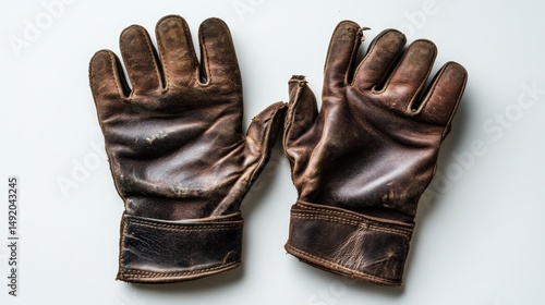 Well-worn brown leather gloves with visible wear and tear, lying flat on a white background.